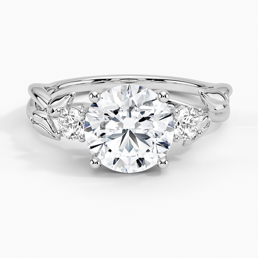 Nature-Inspired Round Cut Diamond Engagement Ring,Leaf Vine Three Stone Ring, Solid Gold Promise Ring for Women