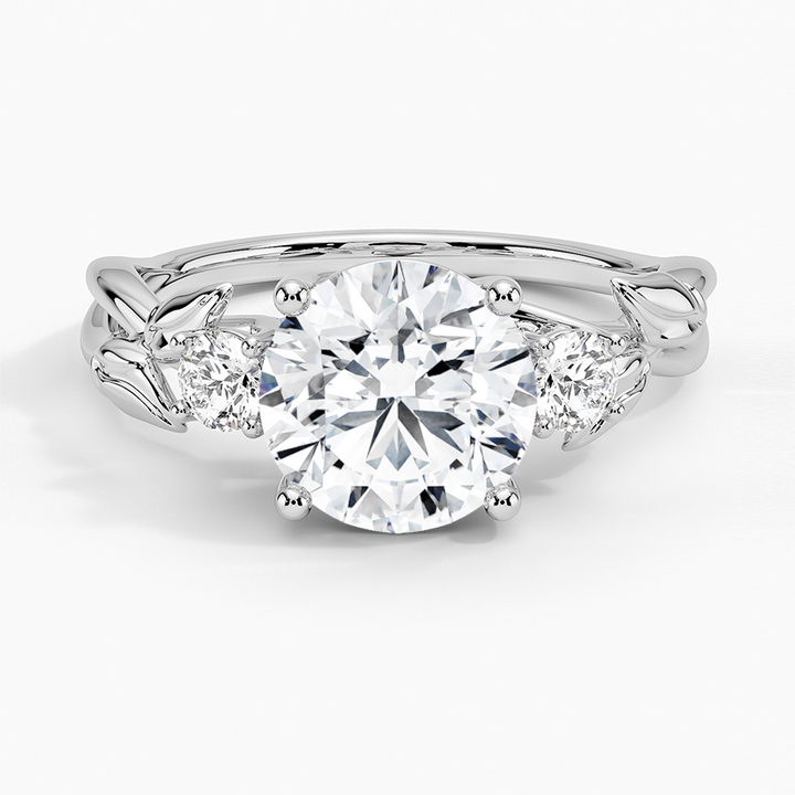 Nature-Inspired Round Cut Diamond Engagement Ring,Leaf Vine Three Stone Ring, Solid Gold Promise Ring for Women