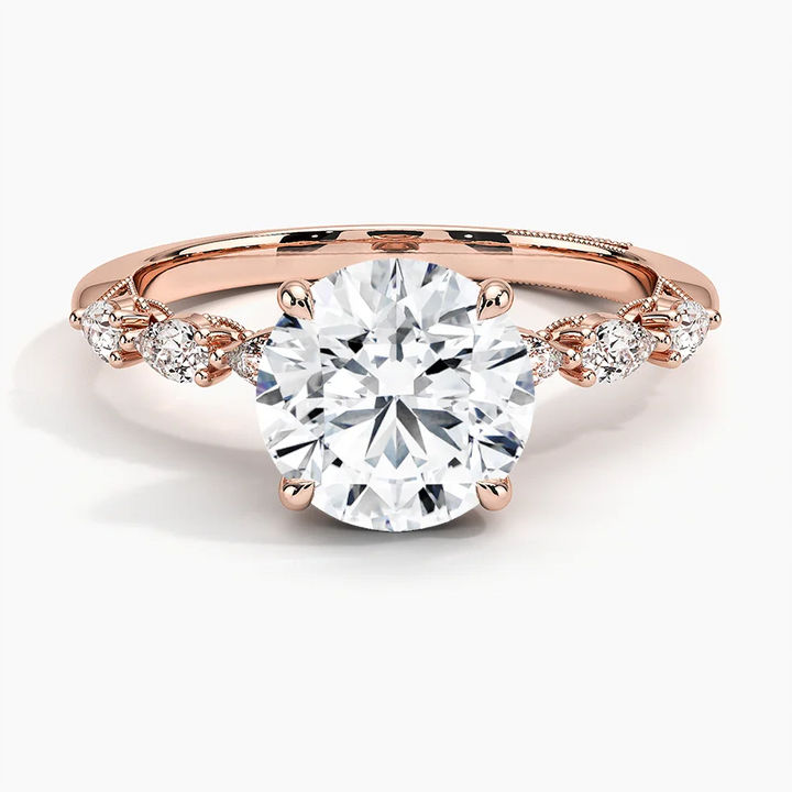 Round Cut Solitaire Diamond Engagement Ring, Twisted Vine Band with Accent Stones, Nature Inspired Bridal Ring