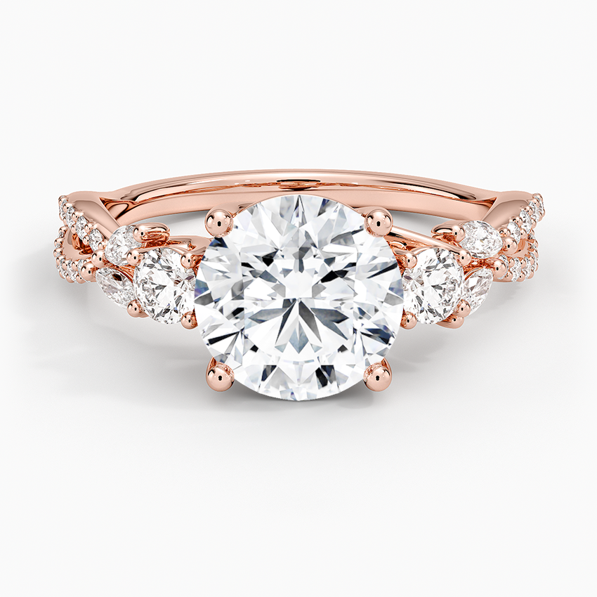 Round Cut Diamond Engagement Ring, Twisted Vine Band Ring, Floral Inspired Cluster Side Stones