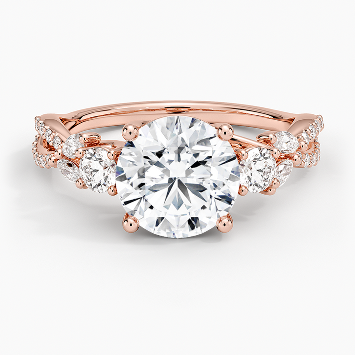 Round Cut Diamond Engagement Ring, Twisted Vine Band Ring, Floral Inspired Cluster Side Stones