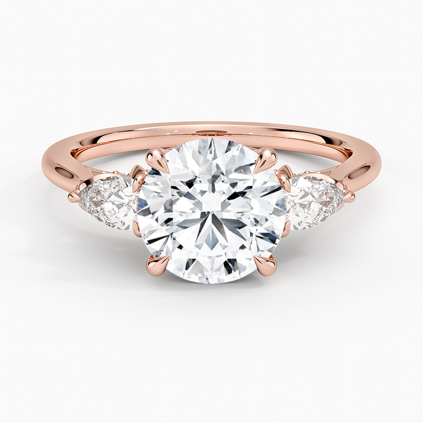 Round Cut Three-Stone Diamond Engagement Ring, Marquise Side Stones, Minimalist Bridal Ring