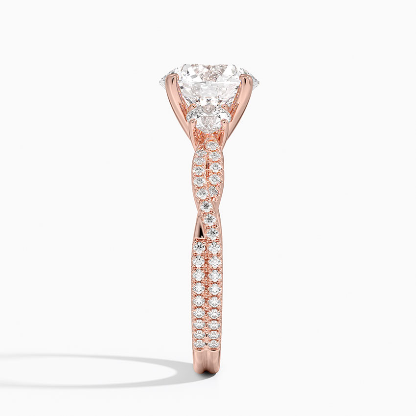 Three Stone Round Cut Diamond Engagement Ring, Twisted Pavé Band, Elegant Bridal Ring