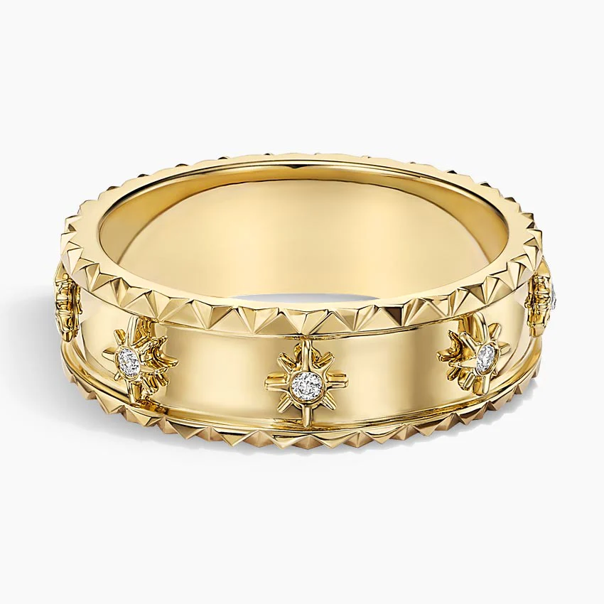 Starburst Diamond Band Ring, Textured Edge Wedding Ring, Unisex Luxury Band