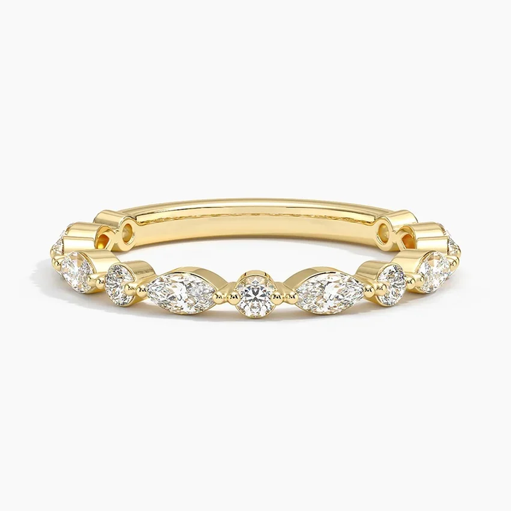 Marquise & Round Diamond Wedding Band, Curved Diamond Ring, Stackable Anniversary Band