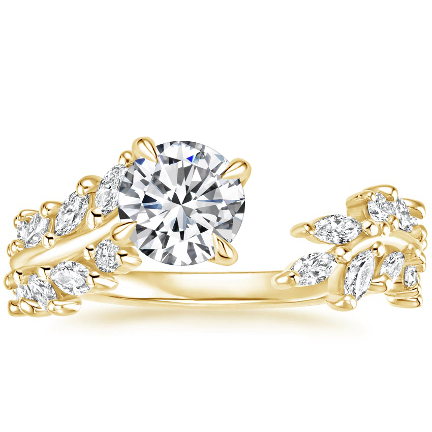 Round Cut Diamond Engagement Ring, Nature Inspired Leaf Vine Ring, Marquise & Round Side Stone Ring