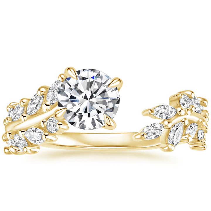 Round Cut Diamond Engagement Ring, Nature Inspired Leaf Vine Ring, Marquise & Round Side Stone Ring