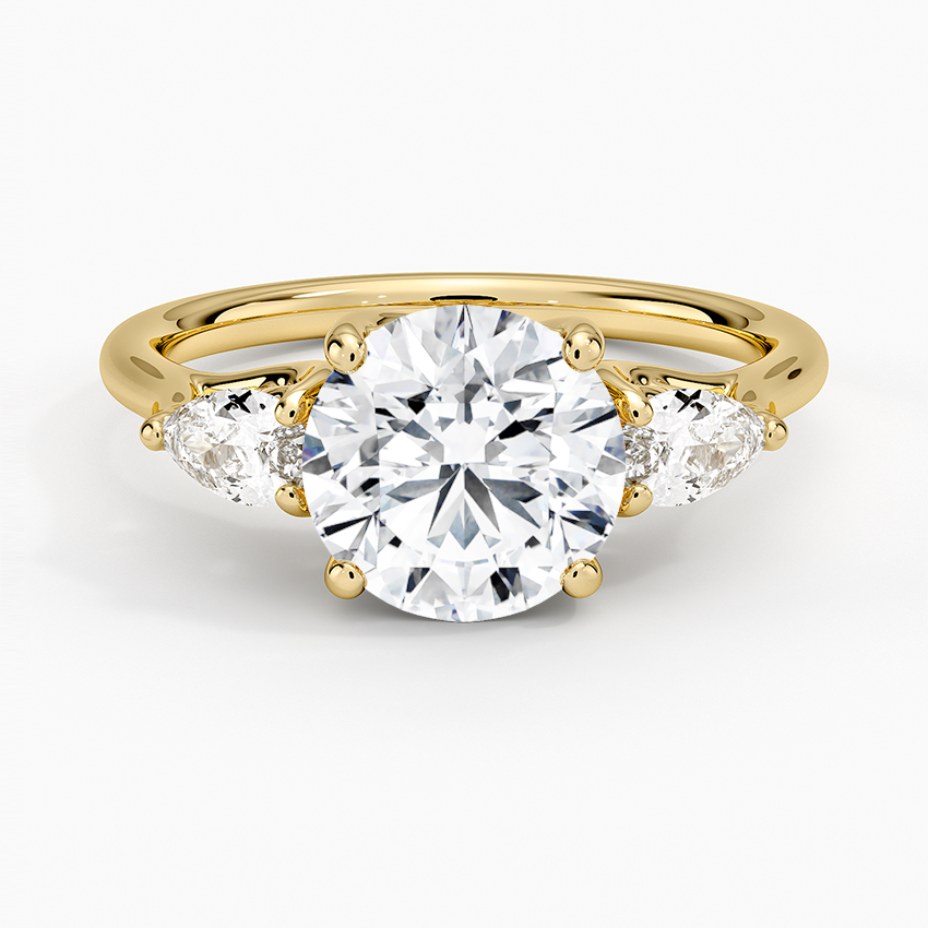 Round Cut Diamond Engagement Ring, 3 Stone Diamond Ring, Pear Side Stone Ring