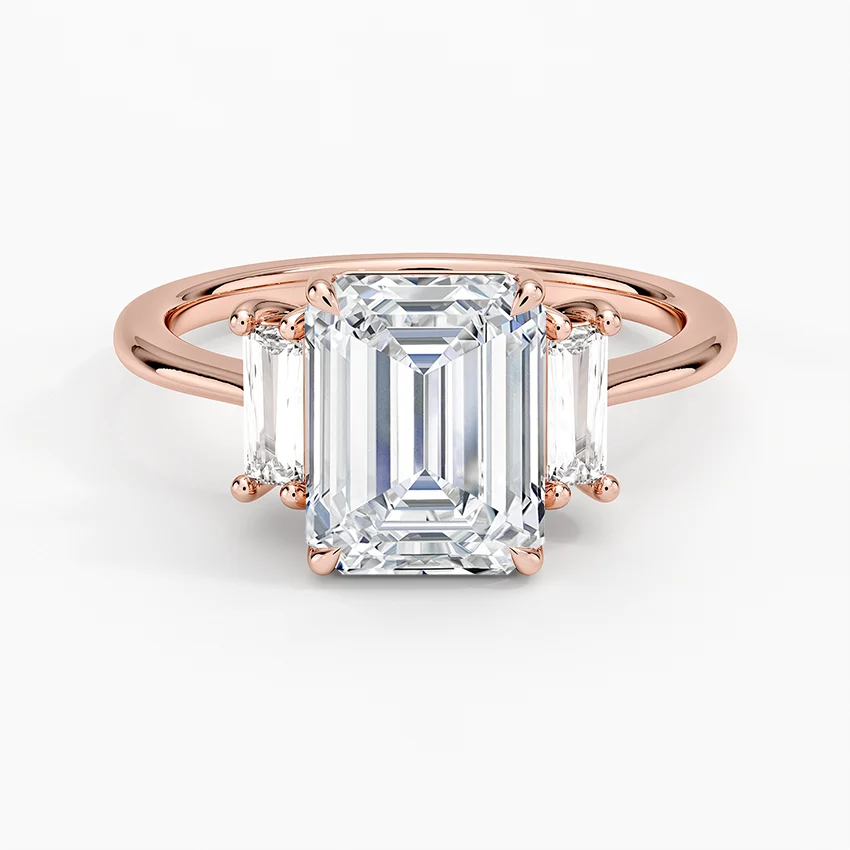 Emerald Cut Diamond Three Stone Engagement Ring, Baguette Side Stone Ring, Solid Gold Promise Ring
