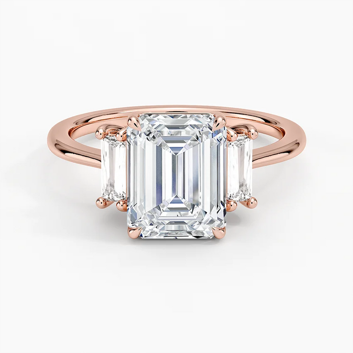 Emerald Cut Diamond Three Stone Engagement Ring, Baguette Side Stone Ring, Solid Gold Promise Ring
