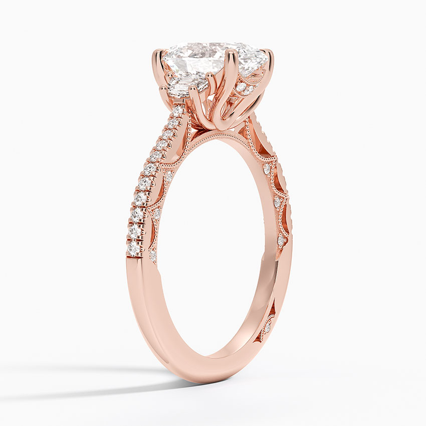 Oval Cut Diamond Engagement Ring,Three Stone Baguette Side Diamonds, Pavé Band Bridal Ring