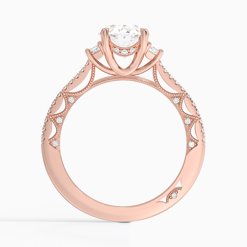 Oval Cut Diamond Engagement Ring,Three Stone Baguette Side Diamonds, Pavé Band Bridal Ring