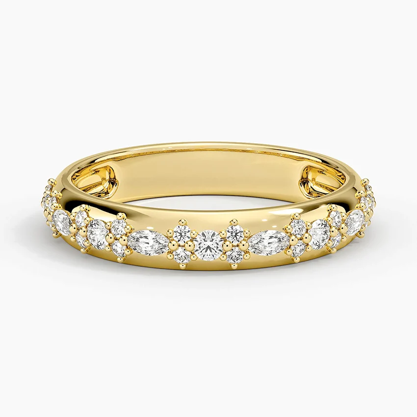 Floral Diamond Wedding Band, Marquise & Round Diamond Ring, Stackable Anniversary Ring