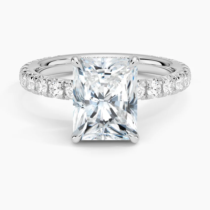 Radiant Cut Diamond Engagement Ring, Hidden Halo Pavé Band Ring, Bridal Proposal Ring
