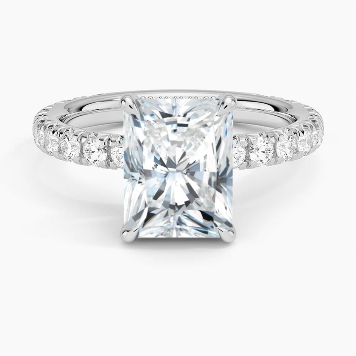 Radiant Cut Diamond Engagement Ring, Hidden Halo Pavé Band Ring, Bridal Proposal Ring