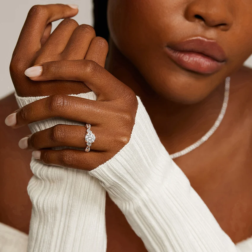 Twisted Band Round Diamond Engagement Ring, Pavé Diamond Twist Ring, Unique Bridal Ring