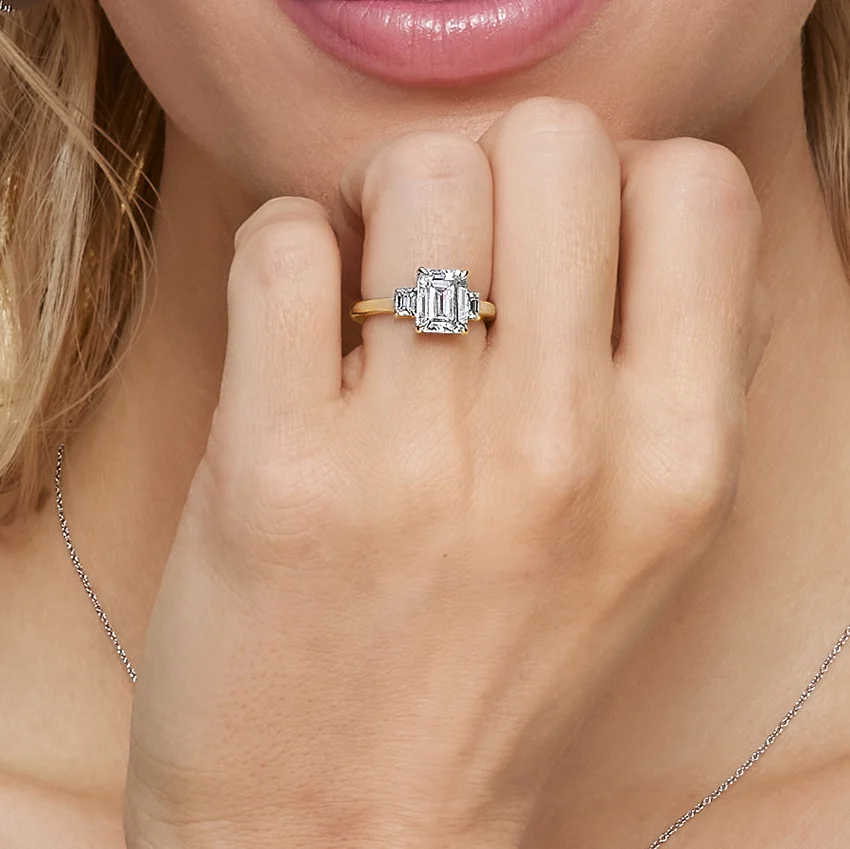 Emerald Cut Diamond Three Stone Ring, Engagement Ring, Classic Solitaire with Side Baguettes