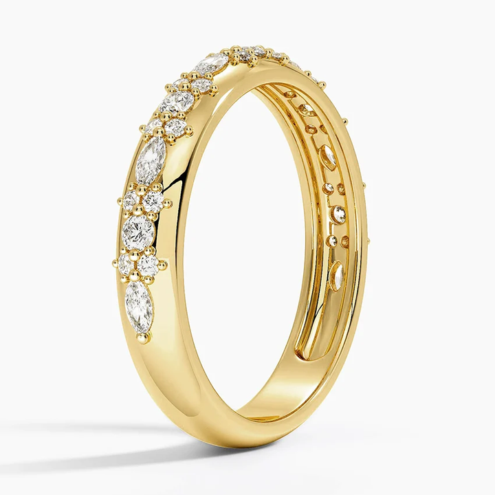Floral Diamond Wedding Band, Marquise & Round Diamond Ring, Stackable Anniversary Ring