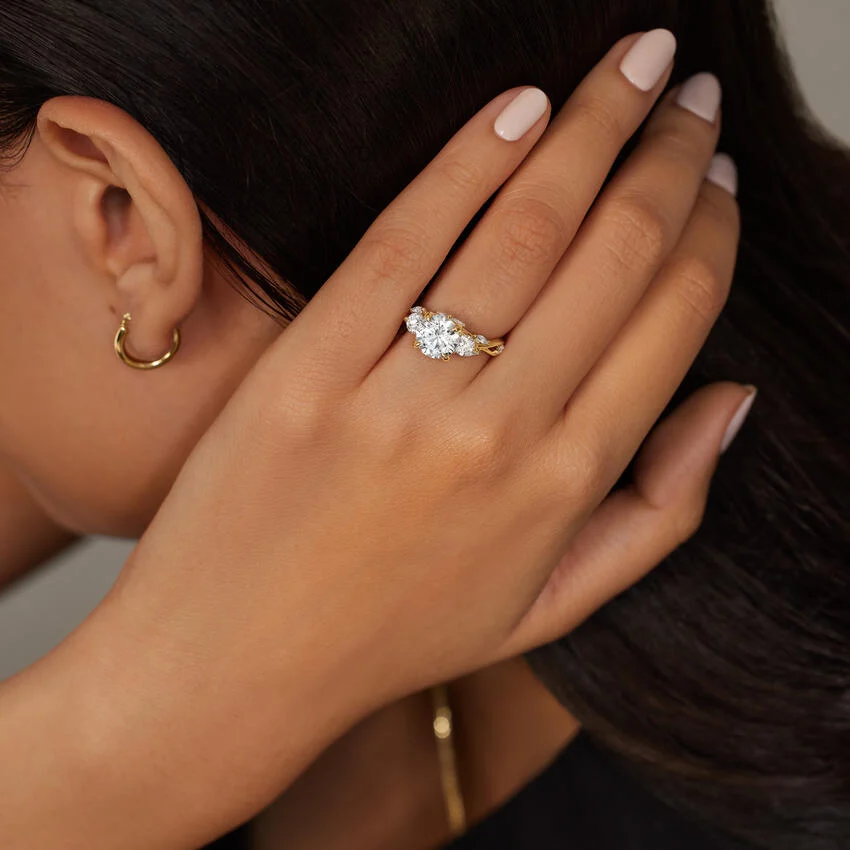 Marquise Cut Diamond Engagement Ring, 3 Stone Vine Style Ring, Unique Bridal Ring