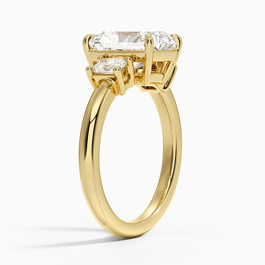 Radiant Cut Three Stone Diamond Engagement Ring, Solid Gold, Side Diamond Ring