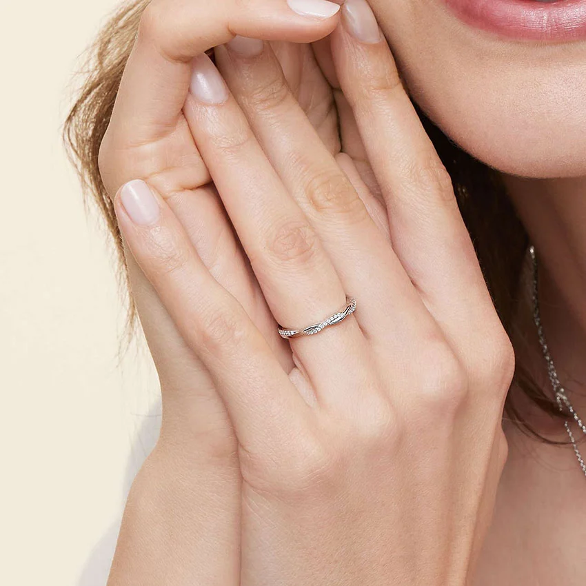 Twisted Diamond Wedding Band, Minimalist Curved Diamond Ring, Infinity Twist Ring