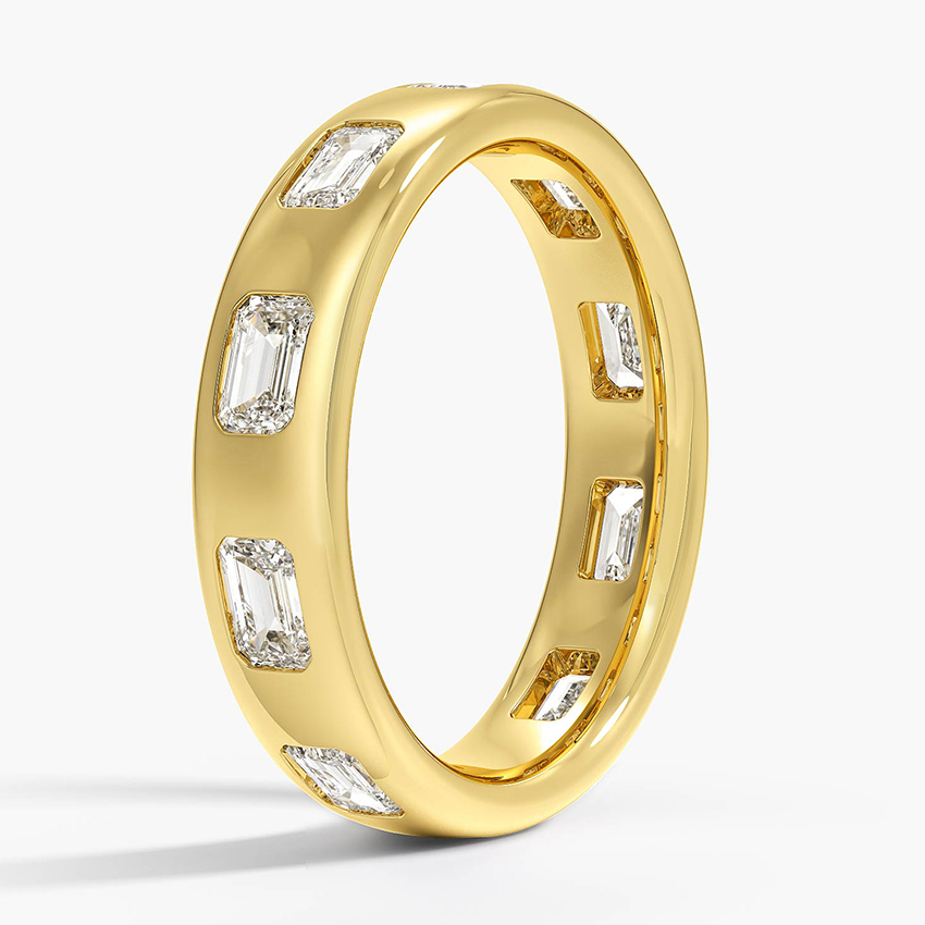Emerald Cut Diamond Band Ring, Bezel Set Diamond Wedding Band, Wide Gold Ring