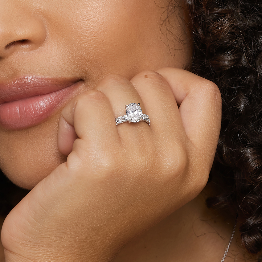 Round Cut Moissanite Engagement Ring, Diamond Pave Band Ring, Hidden Halo Style Bridal Ring
