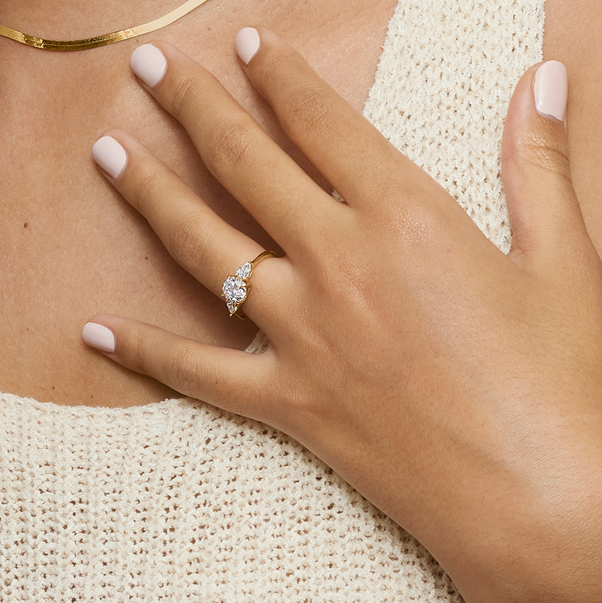 Oval Cut Diamond Engagement Ring, Three Stone Pear Side Diamond Ring