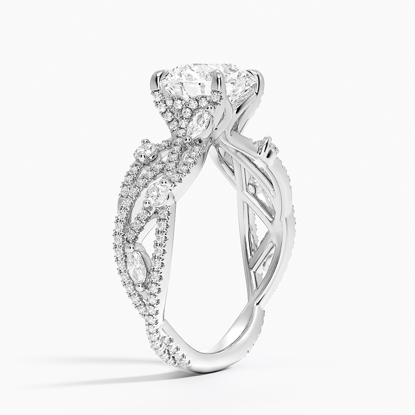 Vintage Inspired Round Cut Moissanite Engagement Ring, Twisted Vine Diamond Band, Floral Split Shank Ring