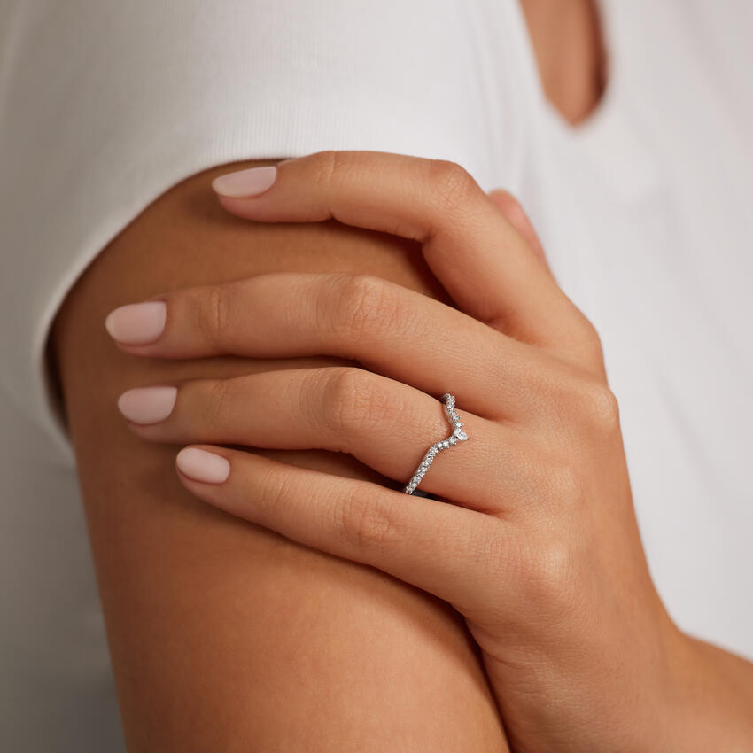 Pear Shape Diamond Chevron Ring, V Shaped Wedding Band, Curved Diamond Band