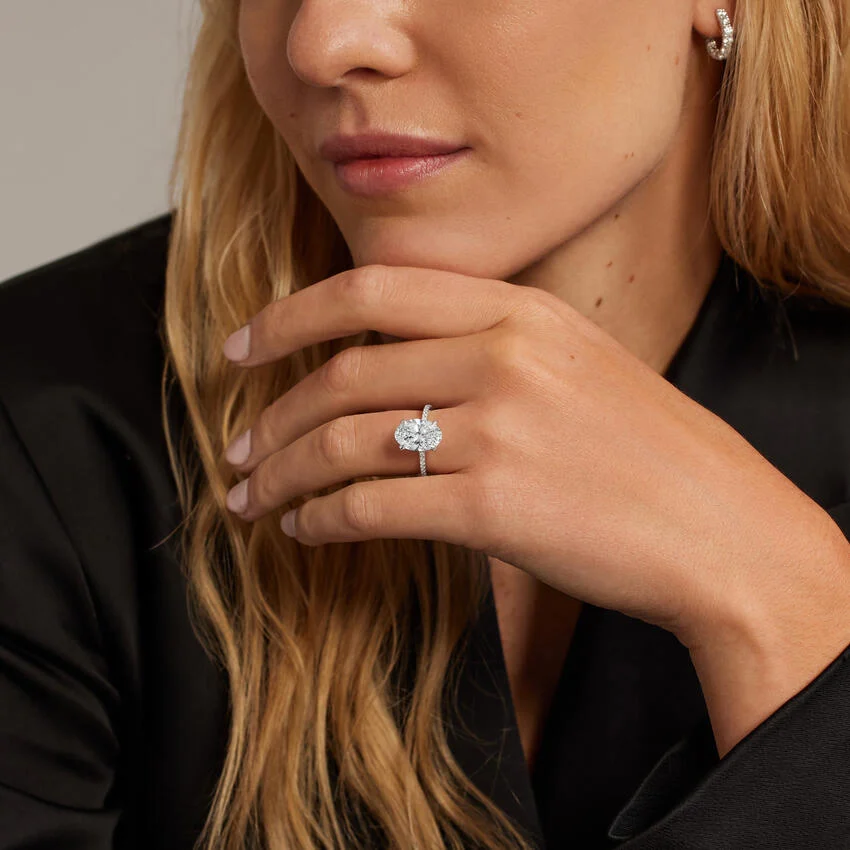 Oval Cut Diamond Engagement Ring, Hidden Halo Pavé Band, Solid Gold Ring