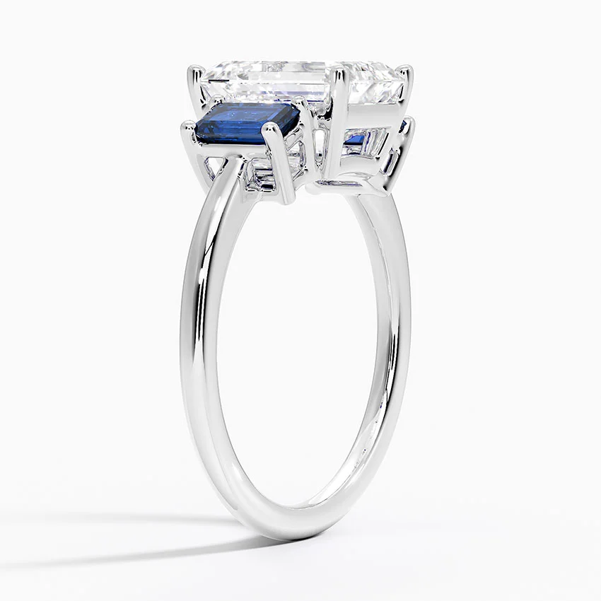 Emerald Cut Diamond Three Stone Ring with Blue Sapphire Side Stones, Vintage Style Engagement Ring, Anniversary Gift