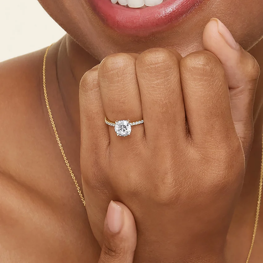 Oval Cut Diamond Engagement Ring, Pave Band Solitaire Ring, Oval Moissanite Engagement Ring