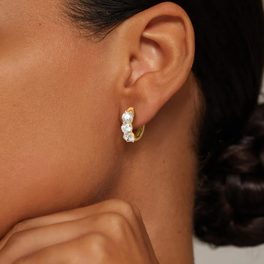 Three Stone Diamond Hoop Earrings, Minimalist Round Cut Diamond Huggie Hoops for Women