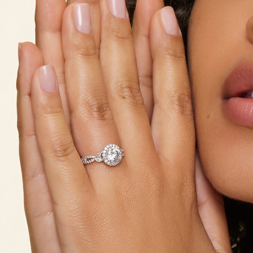 Oval Cut Halo Diamond Engagement Ring with Twisted Pavé Band, Vintage Inspired Oval Ring,