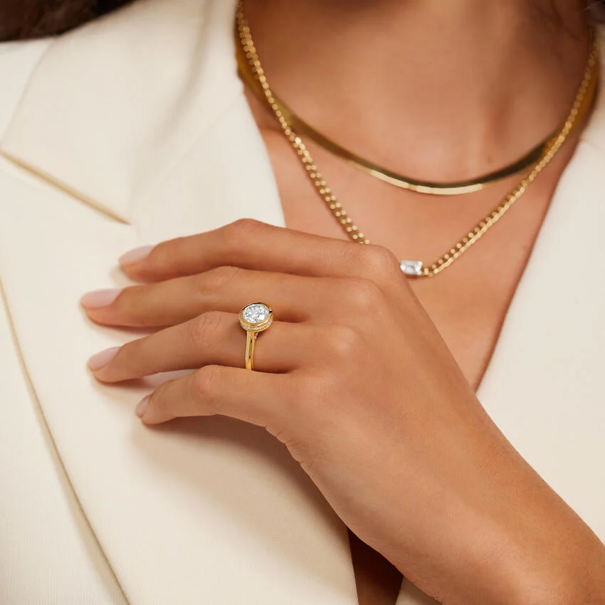 Emerald Cut Diamond Engagement Ring in Bezel Setting, Hidden Halo Split Shank Ring, Minimalist Luxury Ring