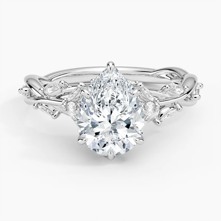 Pear Cut Moissanite Engagement Ring, Nature Inspired Vine Ring, Twisted Leaf Diamond Ring, Vintage Floral Bridal Ring, Solid Gold Promise Ring
