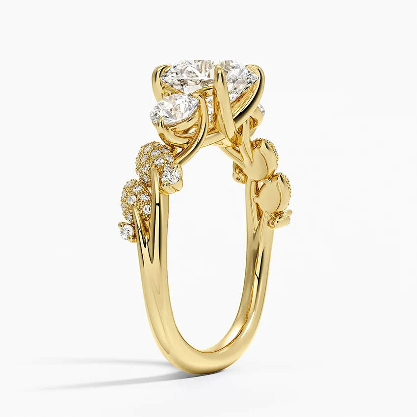 Floral Diamond Engagement Ring, Round Cut 3 Stone Ring, Leaf Inspired Diamond Ring
