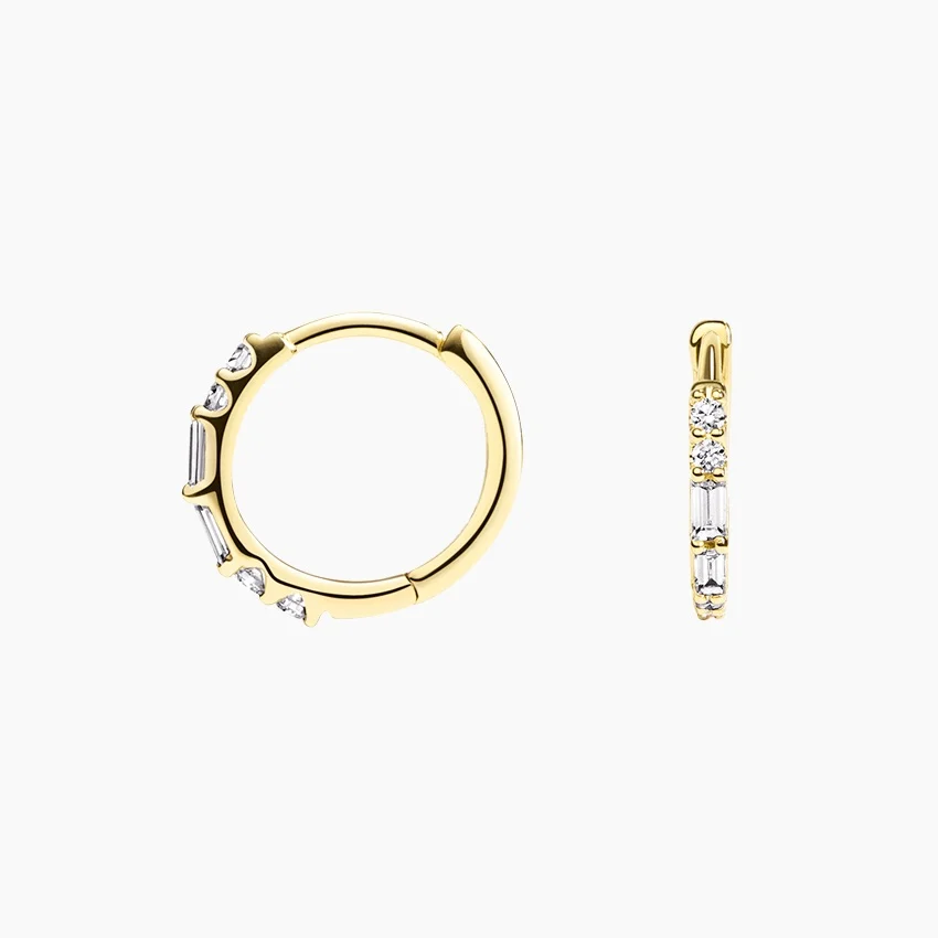 Diamond Baguette & Round Hoop Earrings, Minimalist Gold & Silver Huggie Hoops