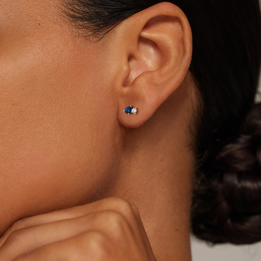 Pear Cut Blue Sapphire & Diamond Stud Earrings, Sapphire Earrings, Minimalist September Birthstone Earrings