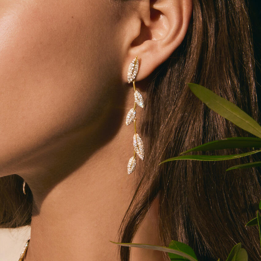 Elegant Diamond Leaf Drop Earrings, Long Pave Vine Dangle Earrings, Nature Inspired Fine Jewelry