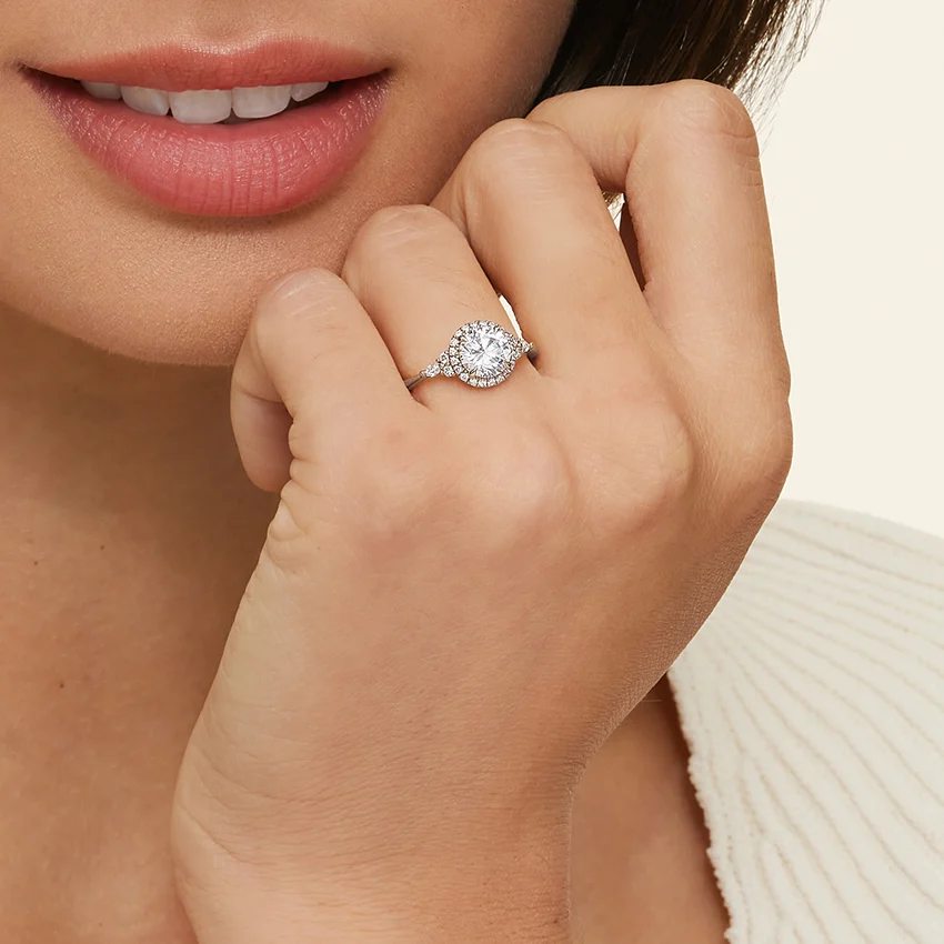 Round Cut Halo Engagement Ring, Diamond Cluster Side Stone Ring, Vintage Inspired Bridal Ring
