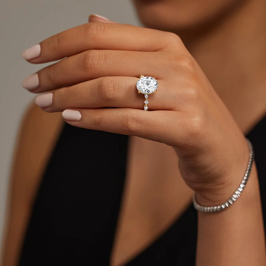 Oval Cut Diamond Engagement Ring with Marquise, Hidden Halo Solitaire Ring