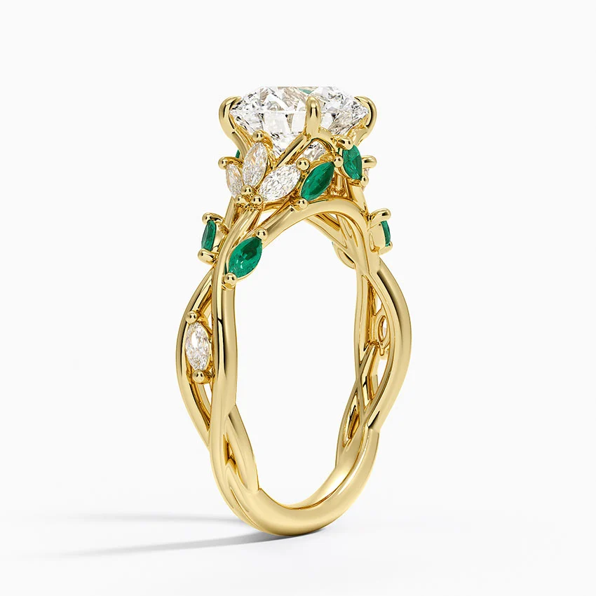 Vintage Nature Inspired Round Cut Moissanite Engagement Ring, Emerald Leaf Vine Ring, Solid Gold Floral Bridal Ring, Unique Wedding Ring