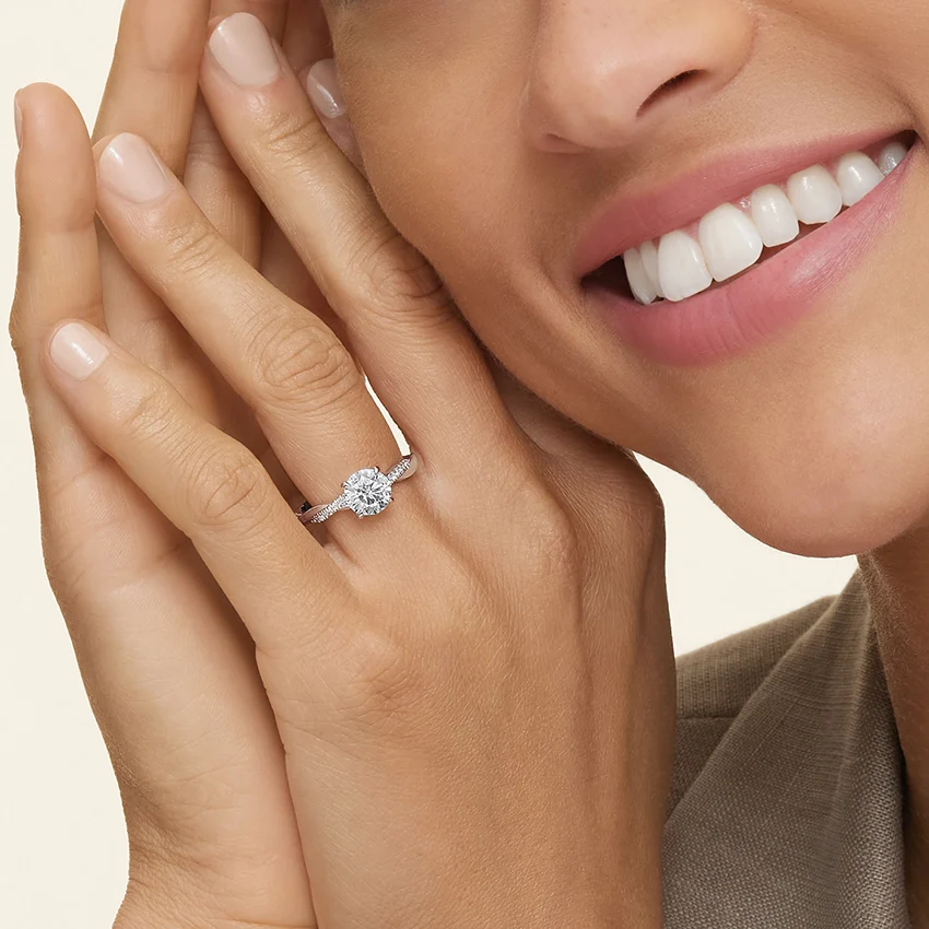 Twisted Band Round Cut Diamond Engagement Ring, Solitaire Diamond Ring, Pave Wedding Ring for Women
