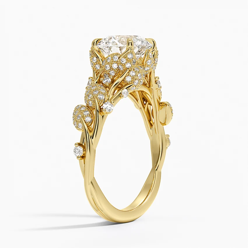 Vintage Floral Diamond Engagement Ring, Round Cut Center Stone, Leaf Inspired Pave Band