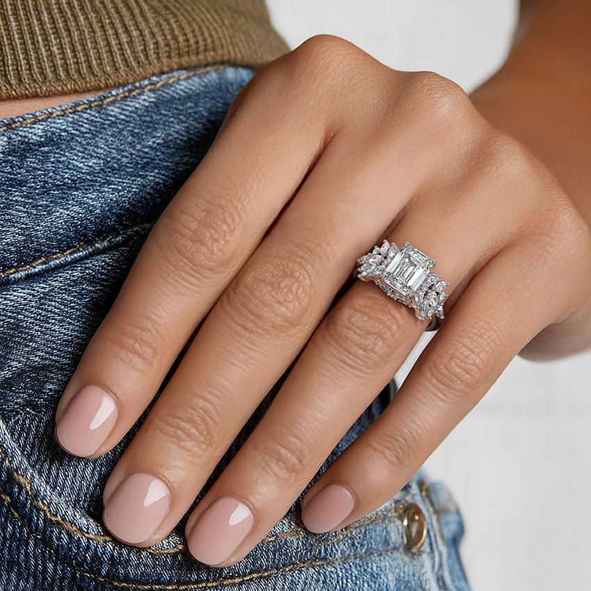Emerald Cut Moissanite Engagement Ring, Floral Cluster Diamond Ring, Vintage Inspired Statement Ring