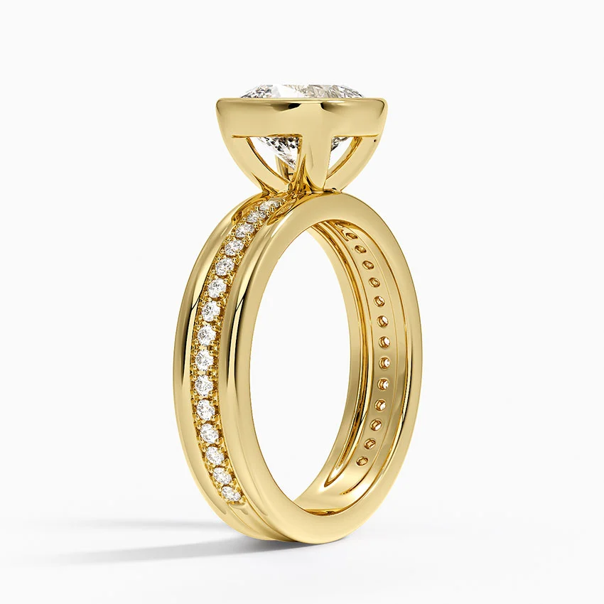 Cushion Cut Bezel Set Diamond Engagement Ring, Split Shank Pavé Band, Minimalist Luxury Solitaire Ring