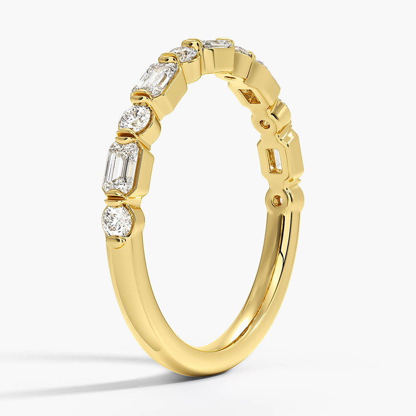 Emerald & Round Diamond Wedding Band, Alternating Diamond Ring, Minimalist Stackable Ring