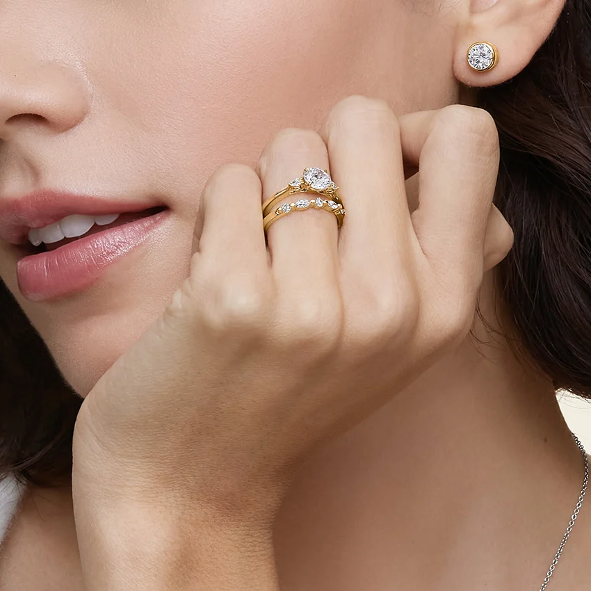 Round Cut Diamond Three Stone Engagement Ring, Marquise Side Diamond Ring, Solid Gold Promise RingRound Cut Diamond Three Stone Engagement Ring, Marquise Side Diamond Ring, Solid Gold Promise Ring